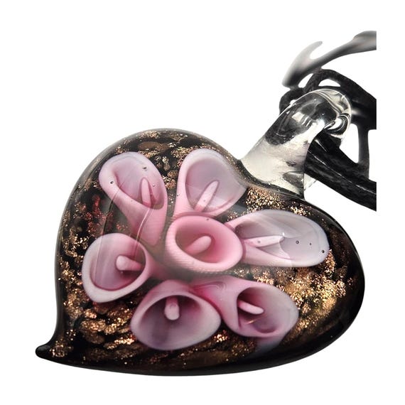 Vintage Murano Art Glass Floral Heart Pendant Necklace With Black Cord & Bead Accent