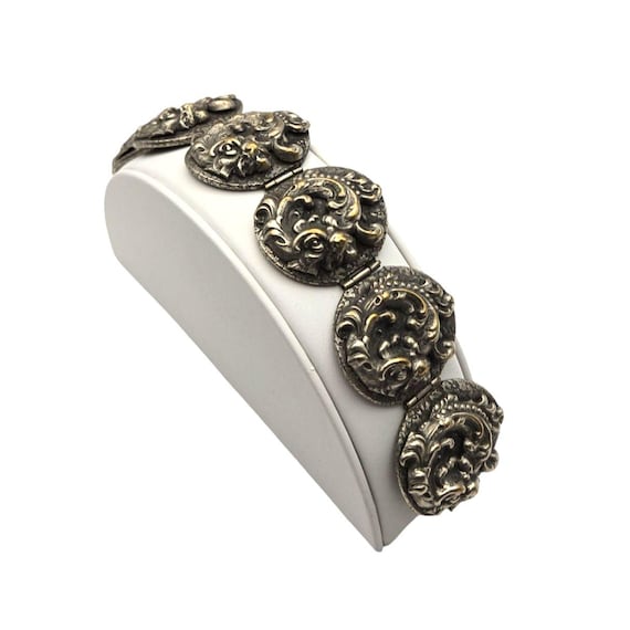 Vintage Silver-Tone Victorian Style Hinged Bracelet With Ornate Design