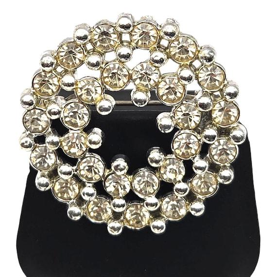 Vintage Silver Tone Rhinestone Circle Brooch Pin 1 3/8 "