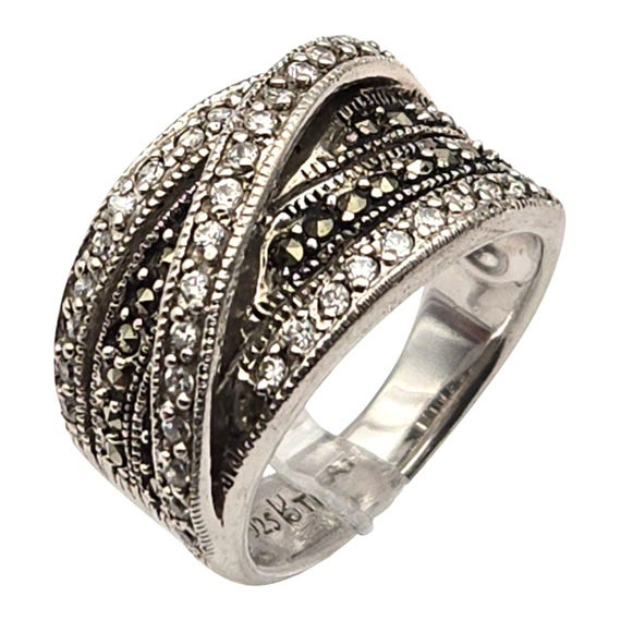 Sterling Silver 925 R Thai Vintage Marcasite & Crystal Multi-Band Crossover Ring Size 10