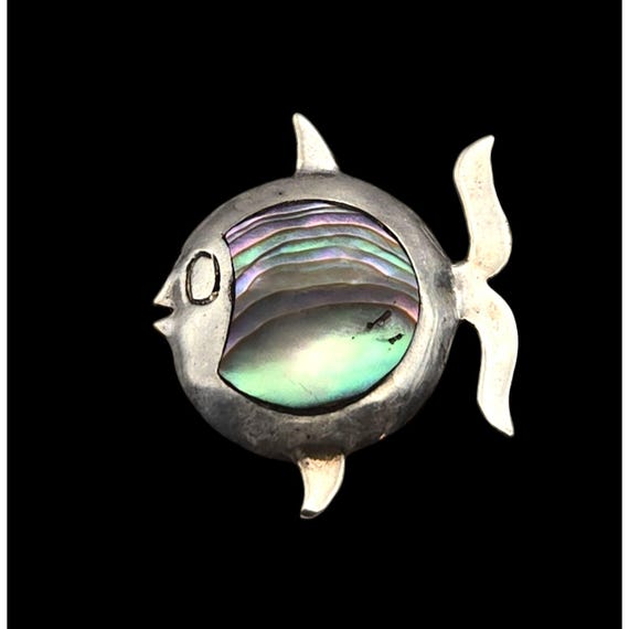 Vintage Taxco Mexican Fish Brooch Pin Sterling Silver Abalone Inlay