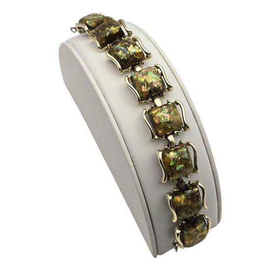 Vintage Coro Gold-Tone Thermoset Link Bracelet With Iridescent Cabochon Stones