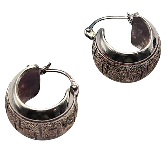 Vtg 999 Sterling Silver Geometric Wide Hoop Earrings Costa Rica Aztec Design 3/4" Hoop X 1/2" Width