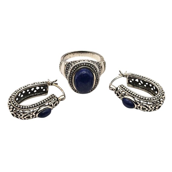 Lapis Lazuli Silver Ring & Hoop Earrings Set With Intricate Filigree Design