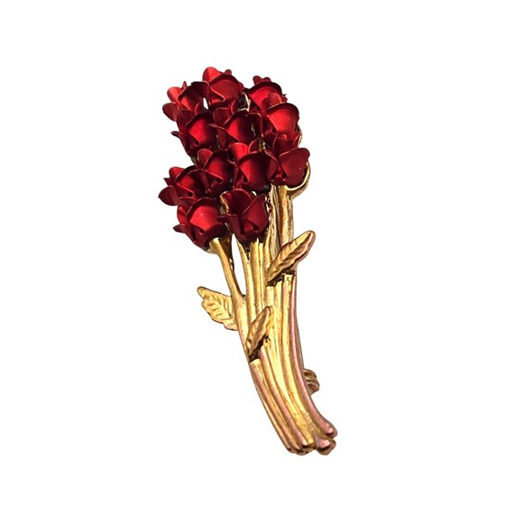 Vintage Dozen Roses Brooch Gold Tone Red Enamel Metal Floral Bouquet Pin Elegant Floral Jewelry