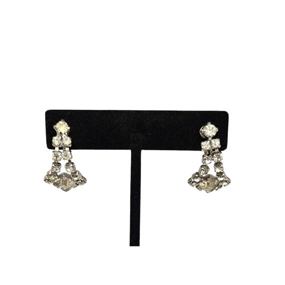 Vtg Rhodium Plated Rhinestone Screw Back Earrings Art Deco Style Chandilier Design 1 1/8 " x 1/2 "