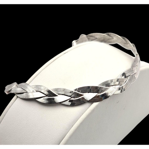 Vintage Sterling Silver Herringbone Braided Bracelet Tassel Ball Closure 925 Italy 3/8 Inch Wide Crossover Style