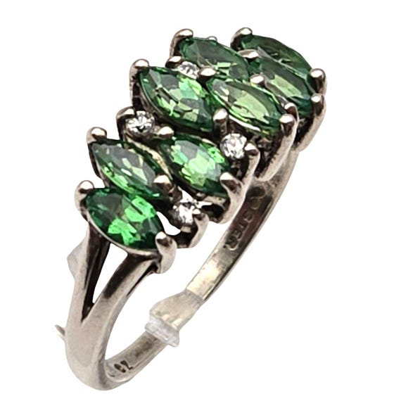 Vtg Sterling Silver Green Marquise Stone Cocktail Ring W/ CZ Accents Size 9