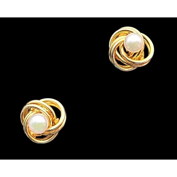 Vtg. 14 Kt. Yellow Gold Pearl Stud Earrings Knot Design W/ 3 Mm Pearls