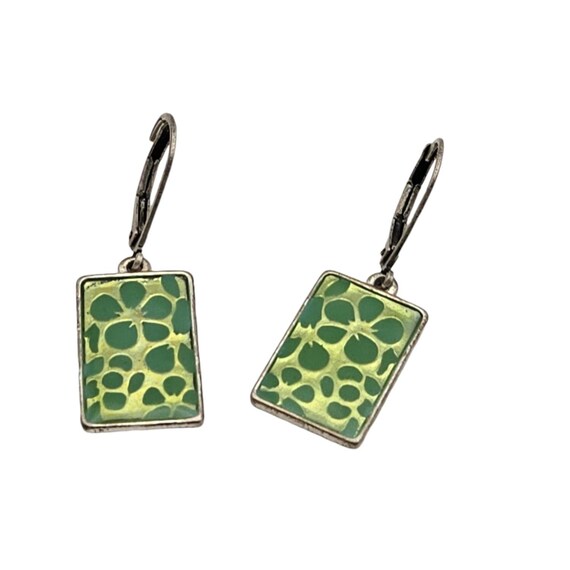 Retro Rectangular Green & Blue Floral Pattern Earrings With Leverback Hooks
