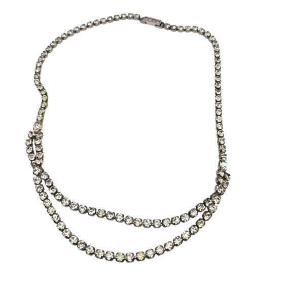 Vintage Art Deco Double Strand Rhinestone Necklace With Snap Clasp
