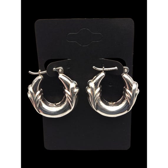 Vintage Sterling Silver Hollow Hoop Earrings With Leaf Design 1 Inch