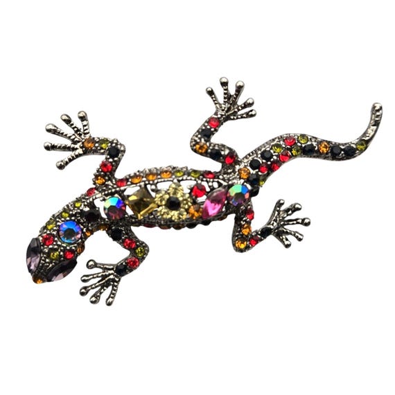 Colorful Rhinestone Lizard Brooch Pin Animal Jewelry 2 3/4 " X 1 1/4 "