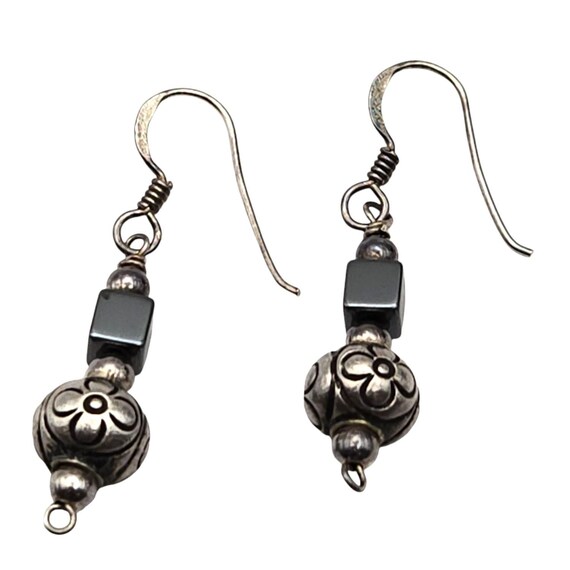 Vintage Sterling Silver Floral & Hematite Bead Dangle Earrings