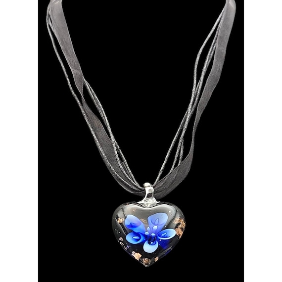 Murano Art Glass Heart Pendant Necklace With Blue Flower On Black Ribbon Cord