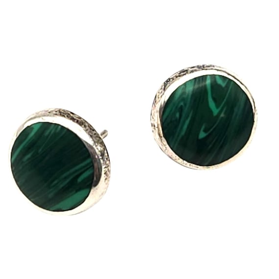 Vtg Sterling Silver Malachite Button Stud Earrings