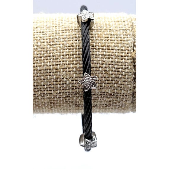 Black Cable Wire Bracelet With Sterling / Diamond Star Beads & Lobster Clasp