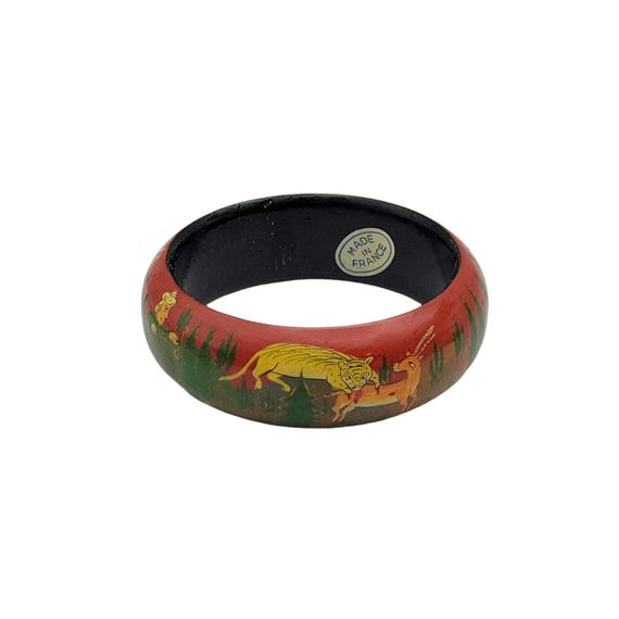 Vintage Hand-Painted Wooden Bangle Bracelet Made In France Animal Forest Scene 7" Diameter