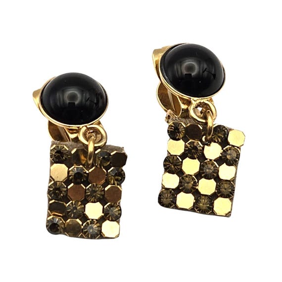 Vtg Leather Backed Rhinestone Goldtone Clip On Earrings With Black Cabochon Accent & Textured Design 1 1/4 " x 1/2 "