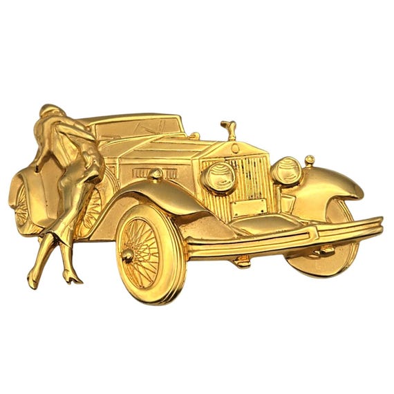 Vtg Park Lane JJ Jonette Gold Tone Retro Car & Lady Brooch Pin
