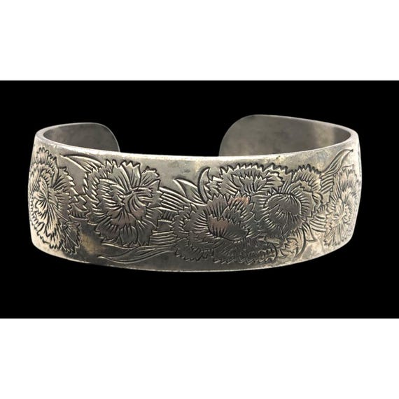 Vintage Kirk Pewter Carnation Pattern Cuff Bracelet Floral Design Oval Shape
