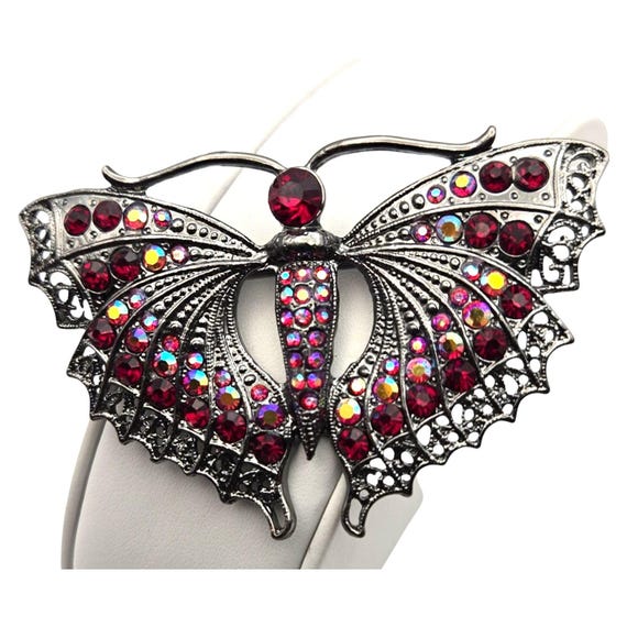 Vintage Silver-Tone Butterfly Brooch With Red Rhinestones & Filigree Design 3 " X 2 "