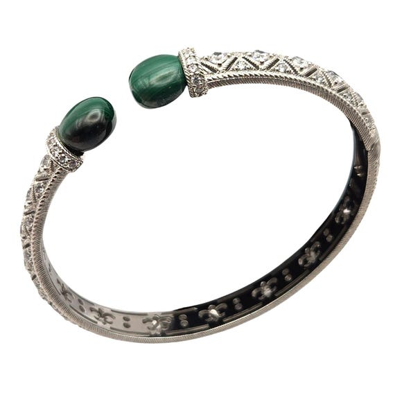 Vintage Judith Ripka 925 Silver Hinged Cuff Bracelet W/ Malachite Tip Ends & Fleur-De-Lis Design