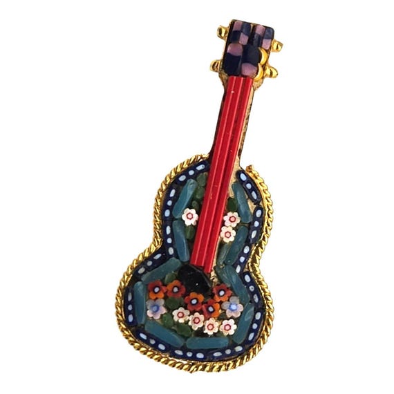 Vtg Gold Tone Micro Mosaic Guitar Brooch Pin Made In Italy 1 3/4" X 3/4" Floral Design