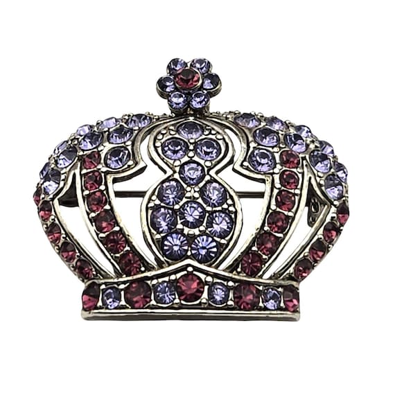 Crown-Shaped Vintage Brooch With Red & Purple Rhinestones On Antique Silver-Tone Base 1 1/2 " X 1 3/8 "