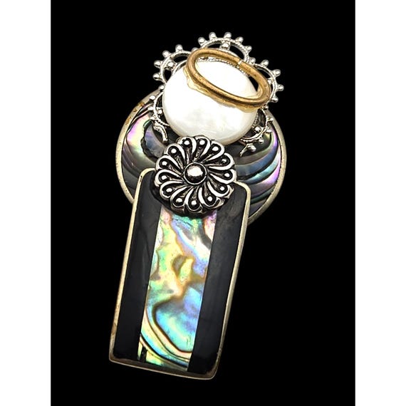 Vtg Alpaca Angel Brooch Pin With Abalone Faux Pearl & Metal Accents Multicolor Handcrafted Style 2 " x 1 "