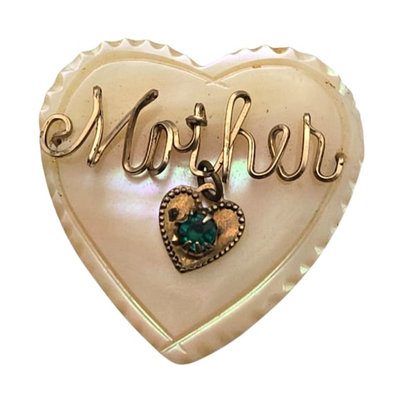 Vintage Heart-Shaped "Mother" Pin Brooch With MOP Pearl Finish & Green Rhinestone Accent