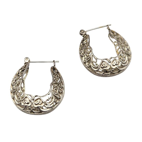 Vintage Sterling Silver Filigree Hoop Earrings With Intricate Heart Motif 1 " x 1 "