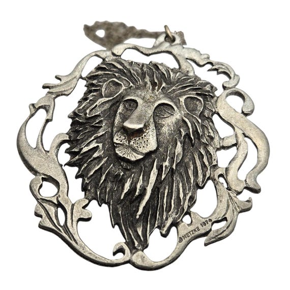 Vintage Metzke 1974 Pewter Lion Head Pendant Necklace With Intricate Chain & Filigree Design