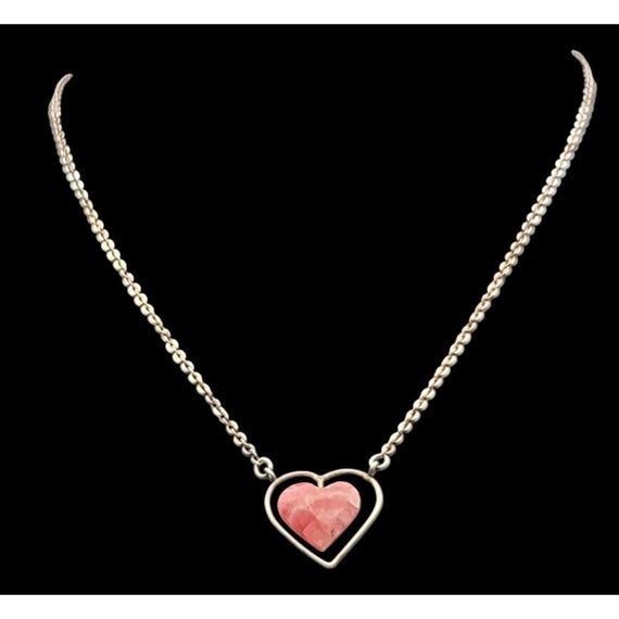 Sterling Silver Heart Pendant Necklace With Pink Rhodochrosite Stone 16.5" Chain Elegant & Timeless Design
