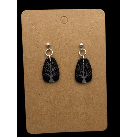 Vintage 925 Sterling Silver & Black Onyx Tree Design Dangle Earrings