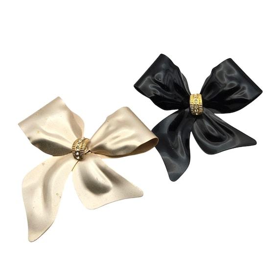 Vintage Pair Of Metal & Enamel Bow Brooches With Rhinestone Accents 2 1/2 " x 2 3/4 "