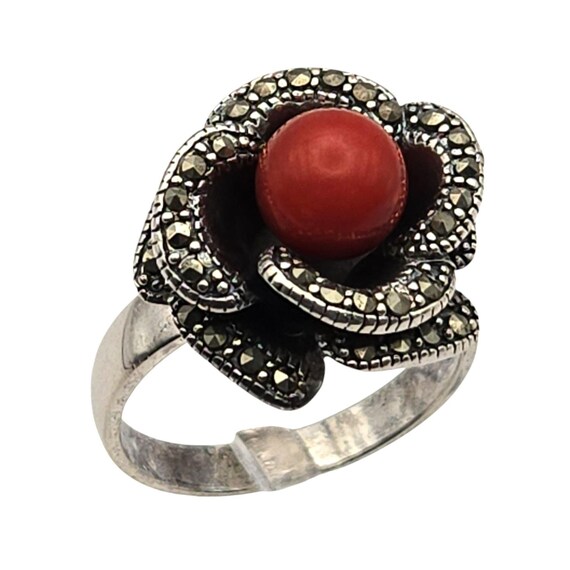 Vintage Style Marcasite & Coral Flower Ring Size 10 Sterling Silver Unique Design Womens Jewelry