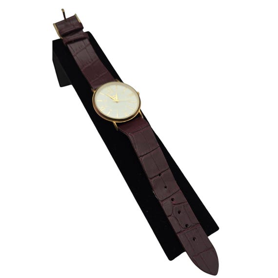 Vtg Cambridge Large Face Gold Tone Watch With Maroon Leather Strap Roman Numerals Japan Movement 9" Strap Length