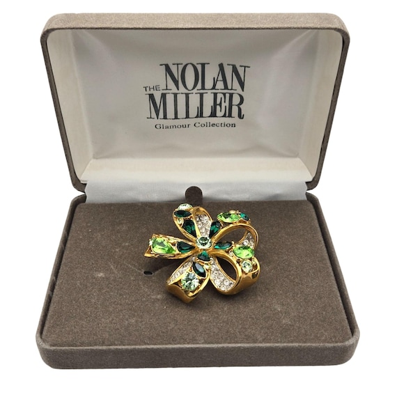Nolan Miller Gold-Tone Bow Brooch W/ Green & Clear Rhinestones