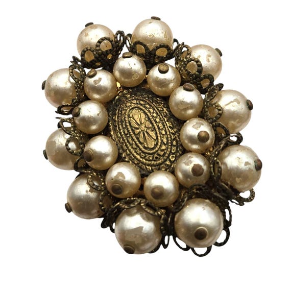 Vintage Victorian Gold Tone Brooch With Faux Pearls & Intricate Hand-Wired Details
