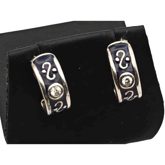 Vtg Sterling Silver & Deep Blue Enamel Half Hoop Stud Earrings W/ Rhinestone Crystal Accents 1/2" X 1/4"