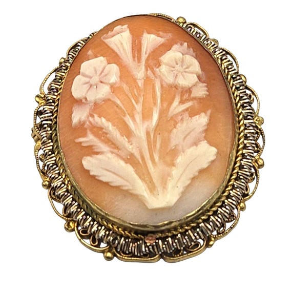 Vtg Gold Tone Carved Shell Floral Cameo Brooch Pin With Ornate Frame 1 1/2" X 1 1/4" Elegant Classic Accessory