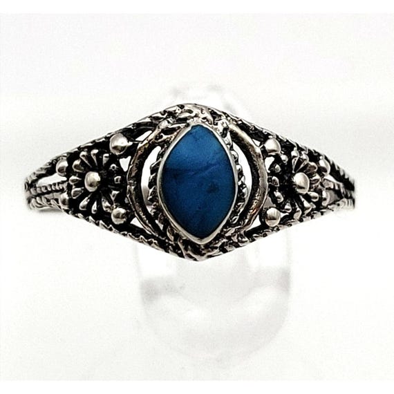 Vintage Sterling Silver & Turquoise Marquise Flower Filigree Ring
