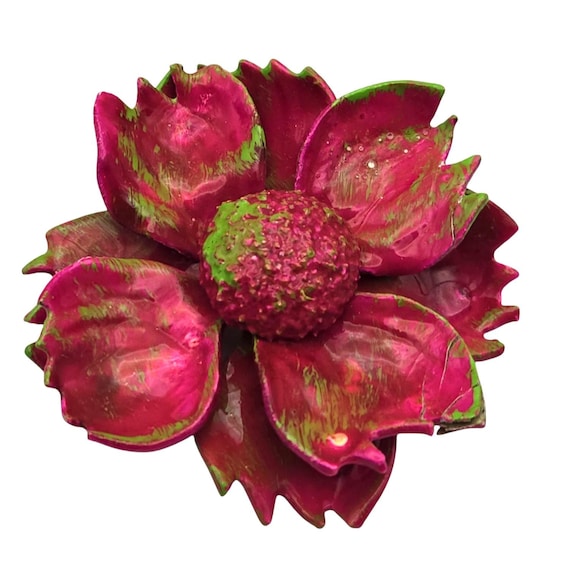 Vtg Paper Mache Handcrafted Pink & Green Flower Brooch Pin 2.5" Wide Retro Floral Jewelry
