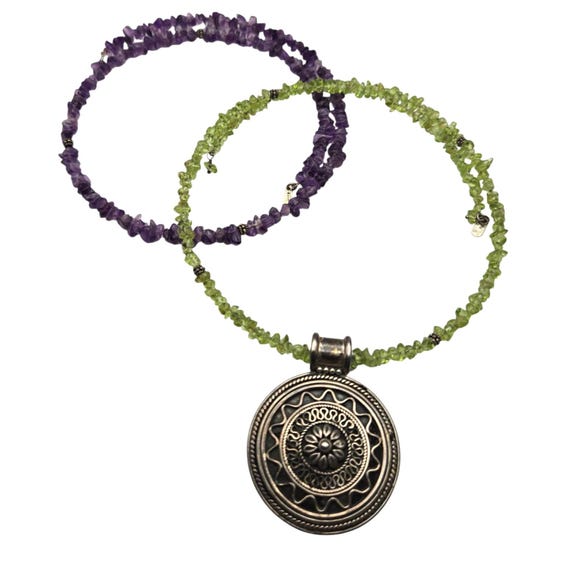 Vintage Doug Paulis Sterling Silver Amethyst & Peridot Gemstone Necklaces W/ Interchangeable Pendant Marked 925 India Expandable Collar