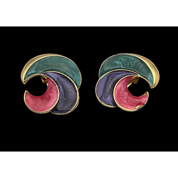 Vintage Abstract Clip-On Earrings Gold Tone with Multi-Color Swirls 1.25" Diameter
