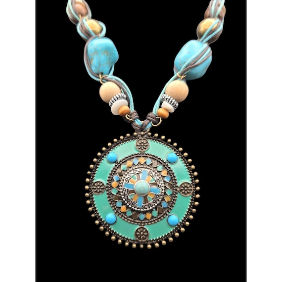 Vintage Aztec Style Medallion Pendant Necklace With Turquoise Stone & Wood Bead Accents 4-Stranded Design 10 "