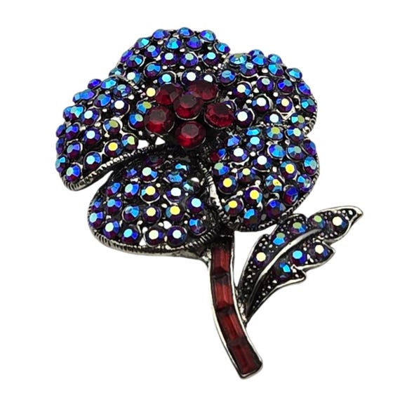 Vintage Silver-Tone Blue AB Rhinestone Flower Brooch Pin