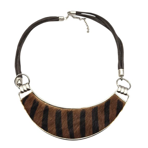 Tiger Print Faux Fur Statement Necklace With Adjustable Cord 17 " w/ 3 " Ext..