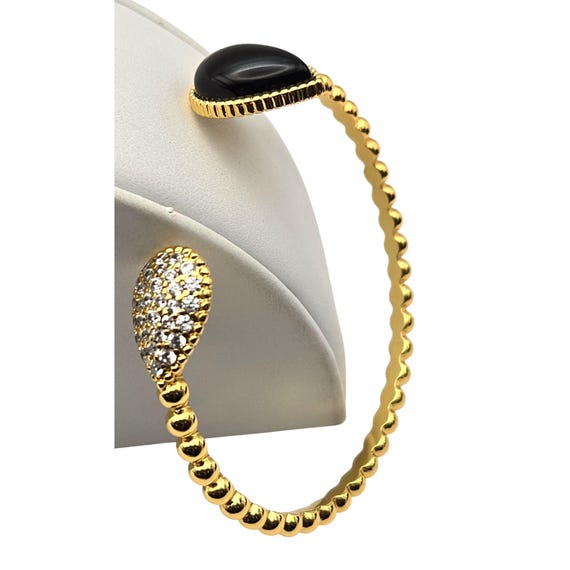 Gold Plated Open Cuff Bracelet With Black Stone & Clear Crystal Teardrop Accents